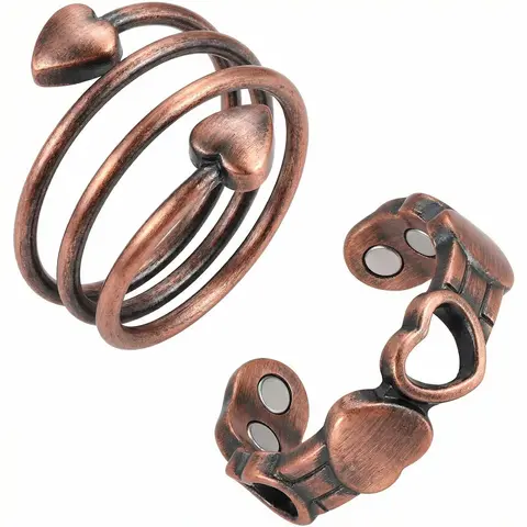 Nandudu Women's 2pcs Pure Copper Heart-Shaped Magnetic Ring- 4 Powerful Magnets, Lymphatic Wellness Jewelry,Daily Wear