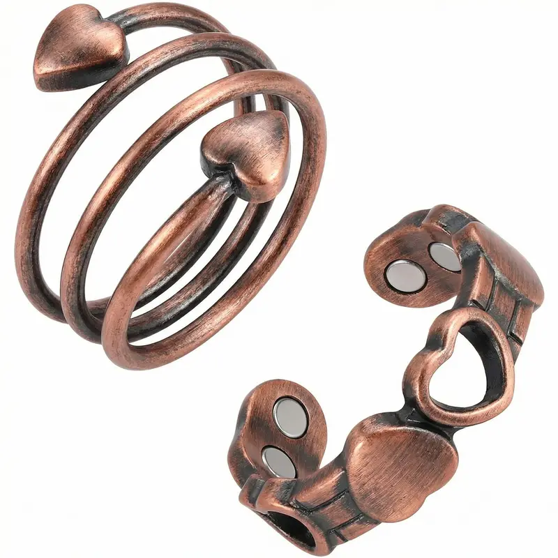 Nandudu Women's 2pcs Pure Copper Heart-Shaped Magnetic Ring- 4 Powerful Magnets, Lymphatic Wellness Jewelry,Daily Wear
