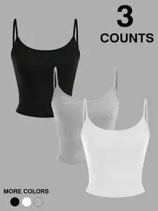 3-Pack Cropped Cami Tops - Basic Casual Soft Sleeveless Spaghetti Strap Crop Tank Set