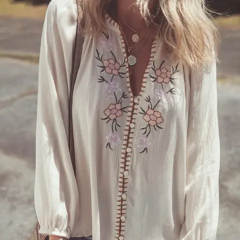 Women's Floral Embroidery Notched Neck Blouse, Boho Bishop Sleeve Top for Daily Holiday Vacation Wear, Ladies Clothes for All Seasons, Boho Blouses