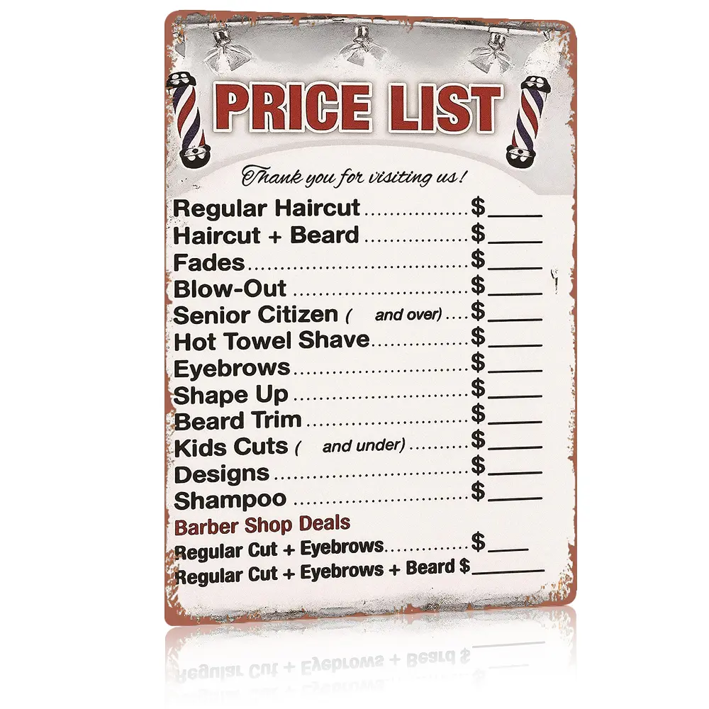 Barber Shop Price List Sign, 8x12 Inch Aluminum Barber Price List, Vintage Metal Haircut Pricing Sign, Rustproof Barber Shop Decor, Pre-drilled Salon Price Board, Waterproof Barbershop Service Menu Sign