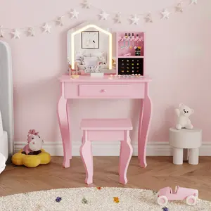 Kids Vanity Set with Mirror and Stool, Pink Toddler Makeup Table with Drawer & Ring Storage, 2-Piece Princess Pretend Play Set for Girls Bedroom