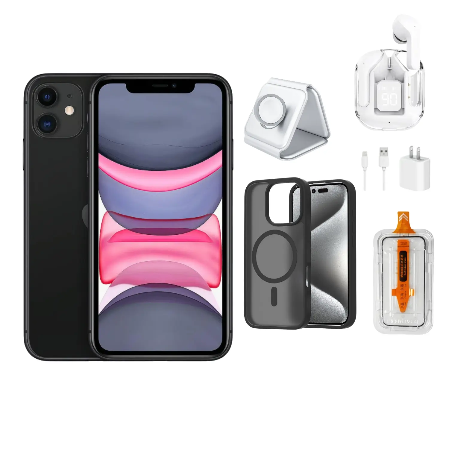 Refurbished Eco-Friendly Fully Unlocked 64GB Black iPhone 11 Cellphone (Mobile Device) with Lightning Compatibility, LCD Display, Batteries for All Carriers + Bundle: Bluetooth Headphones, Phone Case, Screen Protector, 3-in-1 Charger, Wall Charger
