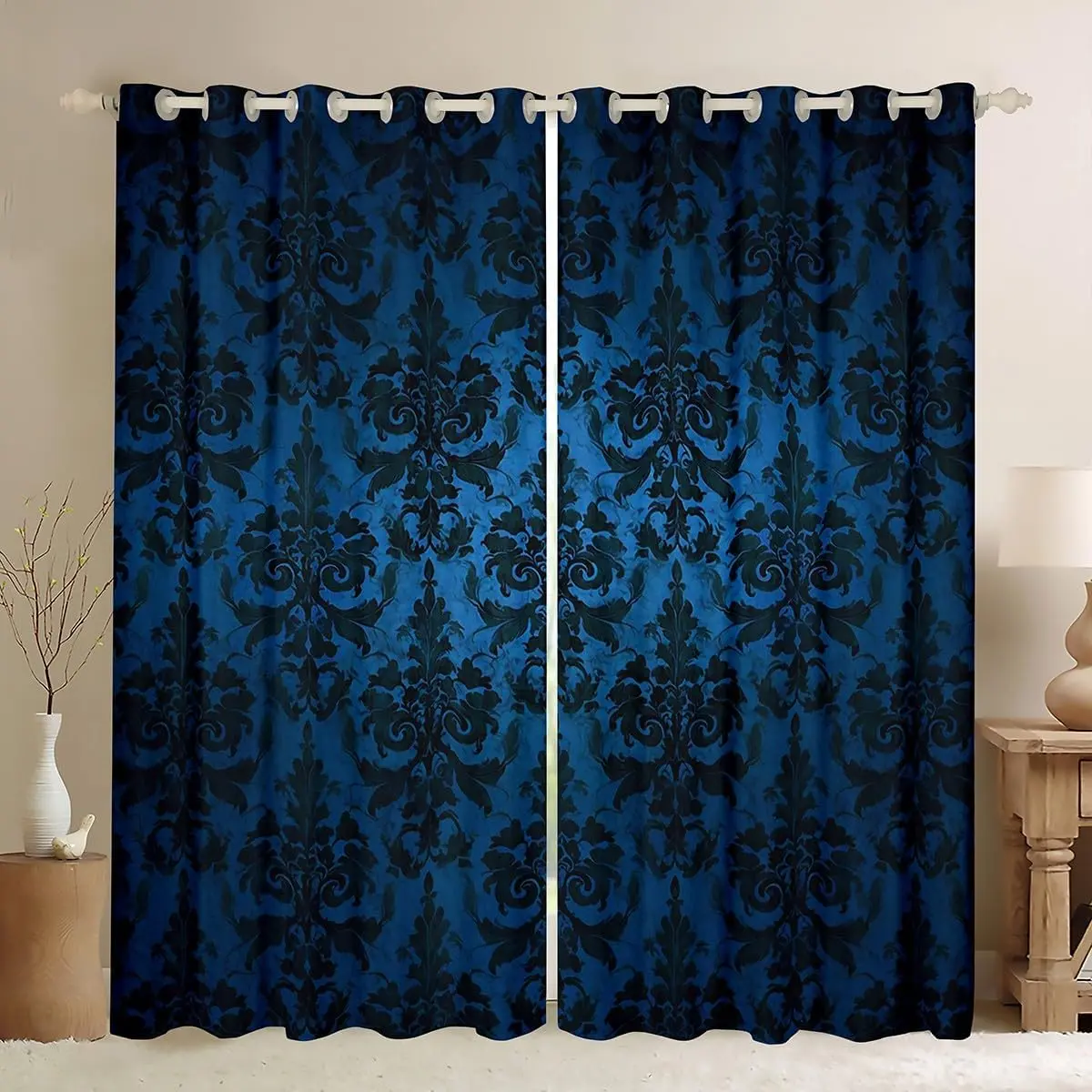 Feelyou Gothic Damask Blackout Grommet Curtains - Vintage Floral, Boho Floral, Baroque, Beautiful Patterns Drapes with Grommets, Home Interior Decor for Living Room (Blue), Vintage Floral Curtains