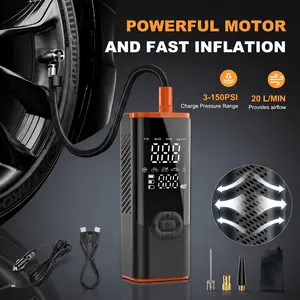 150psi Portable Air Pump with Digital Pressure Gauge, LED Light, USB Rechargeable Battery, Wireless Design for Car Tires, Bicycles, Balls.