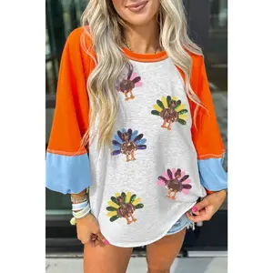Light Gray Thanksgiving Turkey Sequined Graphic Color-Block Long Raglan-Sleeve Top, can be worn with a raincoat