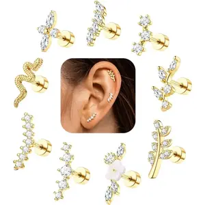 Cartilage women's flat back earrings - hypoallergenic surgical stainless steel earring set, suitable for sensitive ears, conch earrings, spiral perforated jewelry