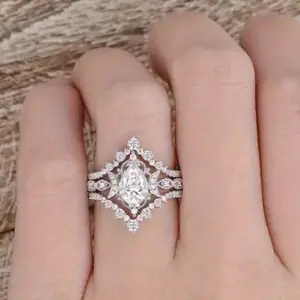 Three-Piece Crown Teardrop Sparkling Gem Engagement Ring Set, Synthetic Zircon Jewelry, Party Daily Wear, Gift for Her