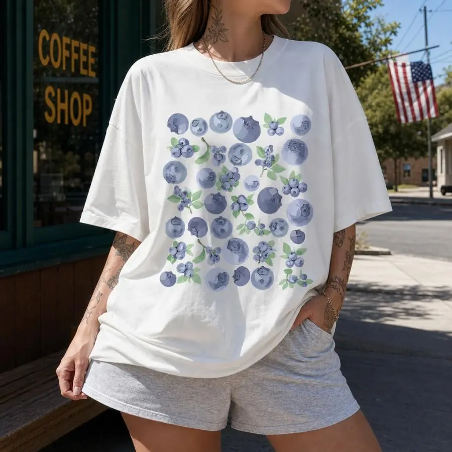 Cute Blueberry Print Oversized T Shirt For Women Casual Soft Crewneck Short Sleeve Tee Summer Daily Outfit Aesthetic Streetwear Y2K Comfortable Graphic Top For Hangout Vacation