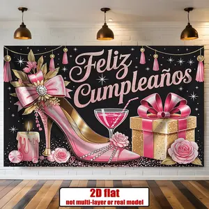 1PC,2D Flat Spanish Feliz Cumpleaños Pink High - Heel - Themed Party Backdrop, Birthday Party Decoration Banner Tapestry, Photo Background Cloth, Party Decoration Background Wall Decor