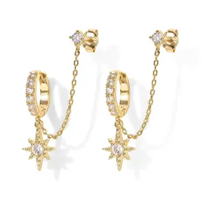 Arrow Muse 14k Gold Chain Earrings High-End Fashion Earrings For Women-Double Piercing Dangle Chain Huggie Hoop Earrings-Cubic Zirconia Star Stud Cuff Earrings For Women