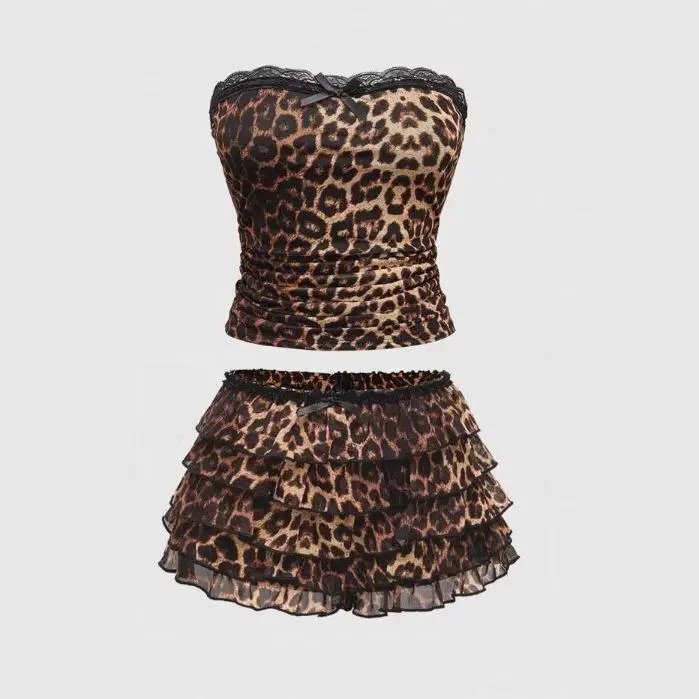 Women Y2K Pink Leopard 2 Piece Outfit Lace Bow Strapless Tube Top Tiered Ruffle Mini Skirt Set