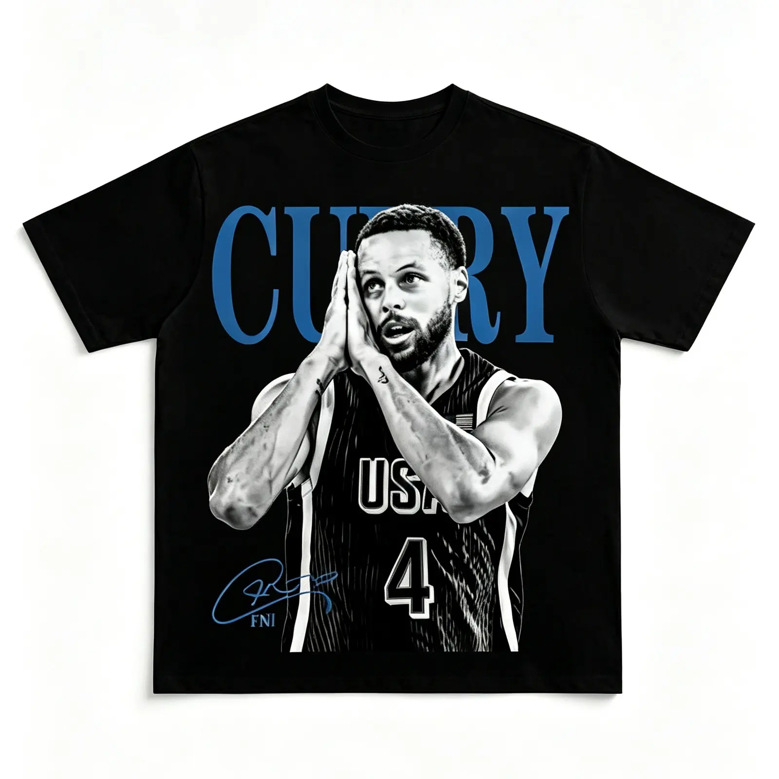 Vintage Curry Basketball T-Shirt, USA No.4 Player Portrait Signature Graphic Tee For Basketball Fans Streetwear