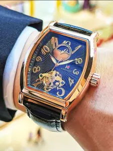 Top luxury business men's mechanical watch, wine barrel shaped fashionable casual versatile personality social young man's watch, fully automatic mechanical watch, automatic winding, hollow design, preferred brand name watch for gift giving