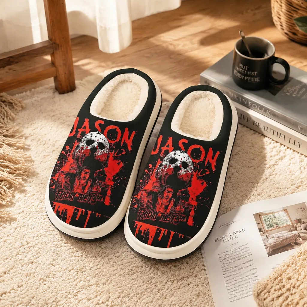 Friday The 13th Jason Kids Plush House Slippers , Halloween Horror Movie Fuzzy Slippers for Boys and Girls, Durable Non-Slip Plush Indoor Slippers, Warm and Comfortable House Shoes Slippers for Winter, Cozy Home Exquisite Slippers Indoor/Outdoor Wear