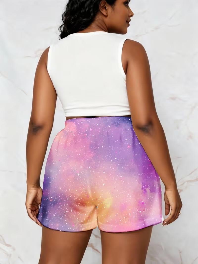 Galaxy Print Shorts, Purple, Pink, And Orange, with Shiny Heart And Star Patterns, Suitable for Beach And Casual Wear, Size