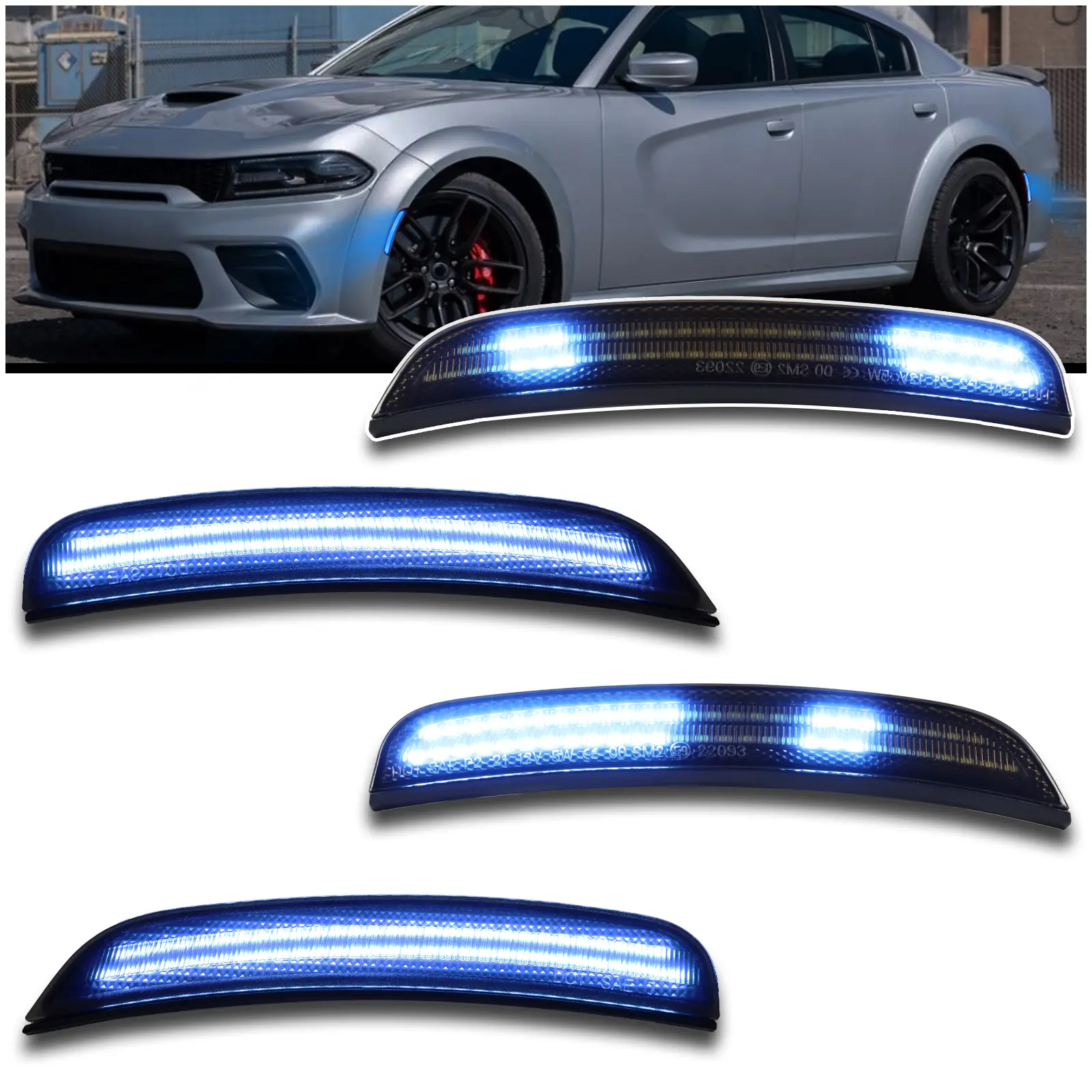 Dynamic LED Side Marker Lights for 2015-2024 Dodge Charger (SXT/Scat Pack/SRT Hellcat) - Dynamic Sequential Turn Signals | Ice Blue Front & Rear | Plug & Play 4-Piece Direct Fit