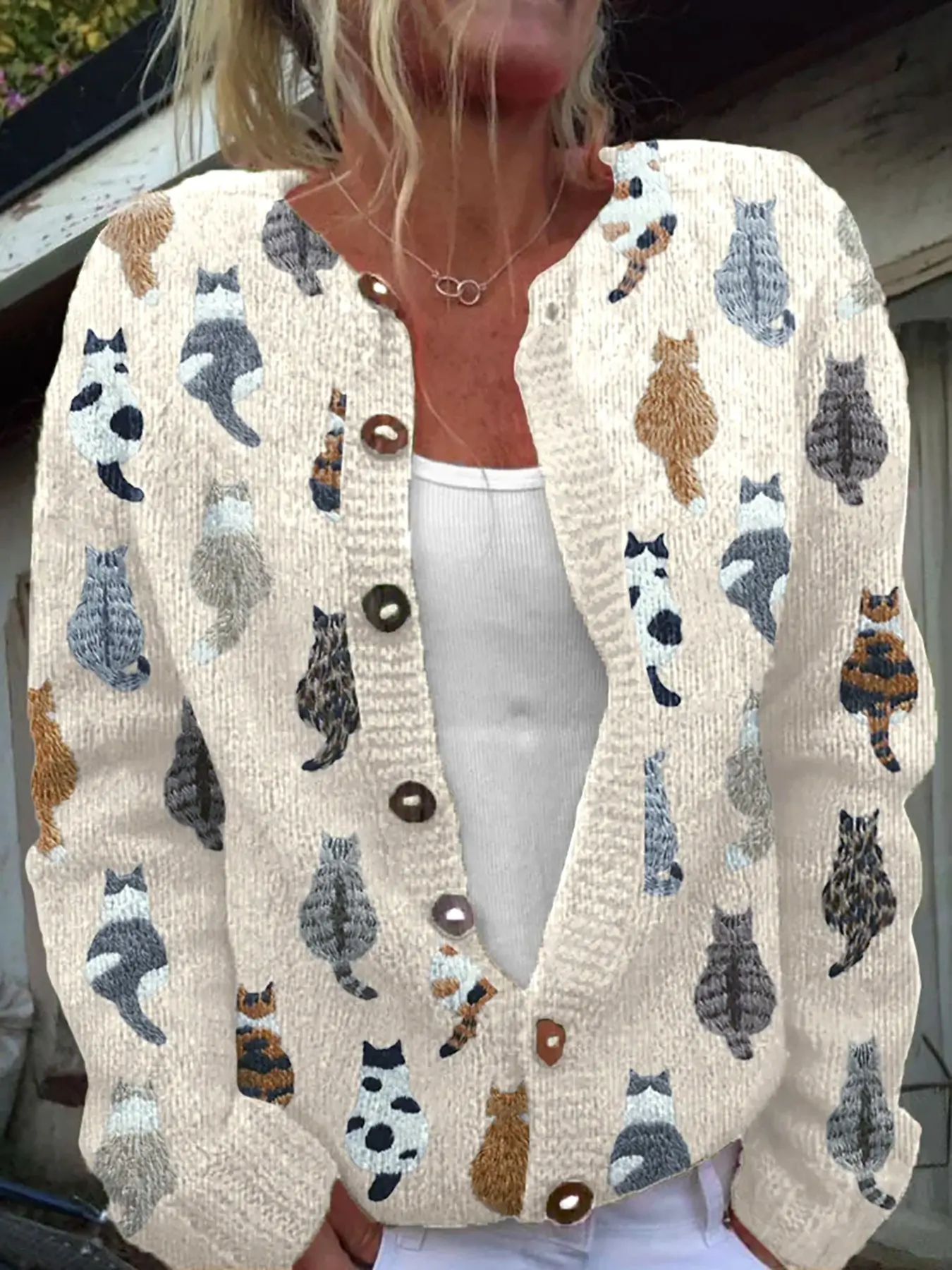 Women's Casual Cat Pattern Open Front Cardigan, Lightweight Long Sleeve Pullover with Buttons, All Seasons Loose-Fitting Top