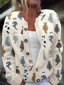 Women's Casual Cat Pattern Open Front Cardigan, Lightweight Long Sleeve Pullover with Buttons, All Seasons Loose-Fitting Top