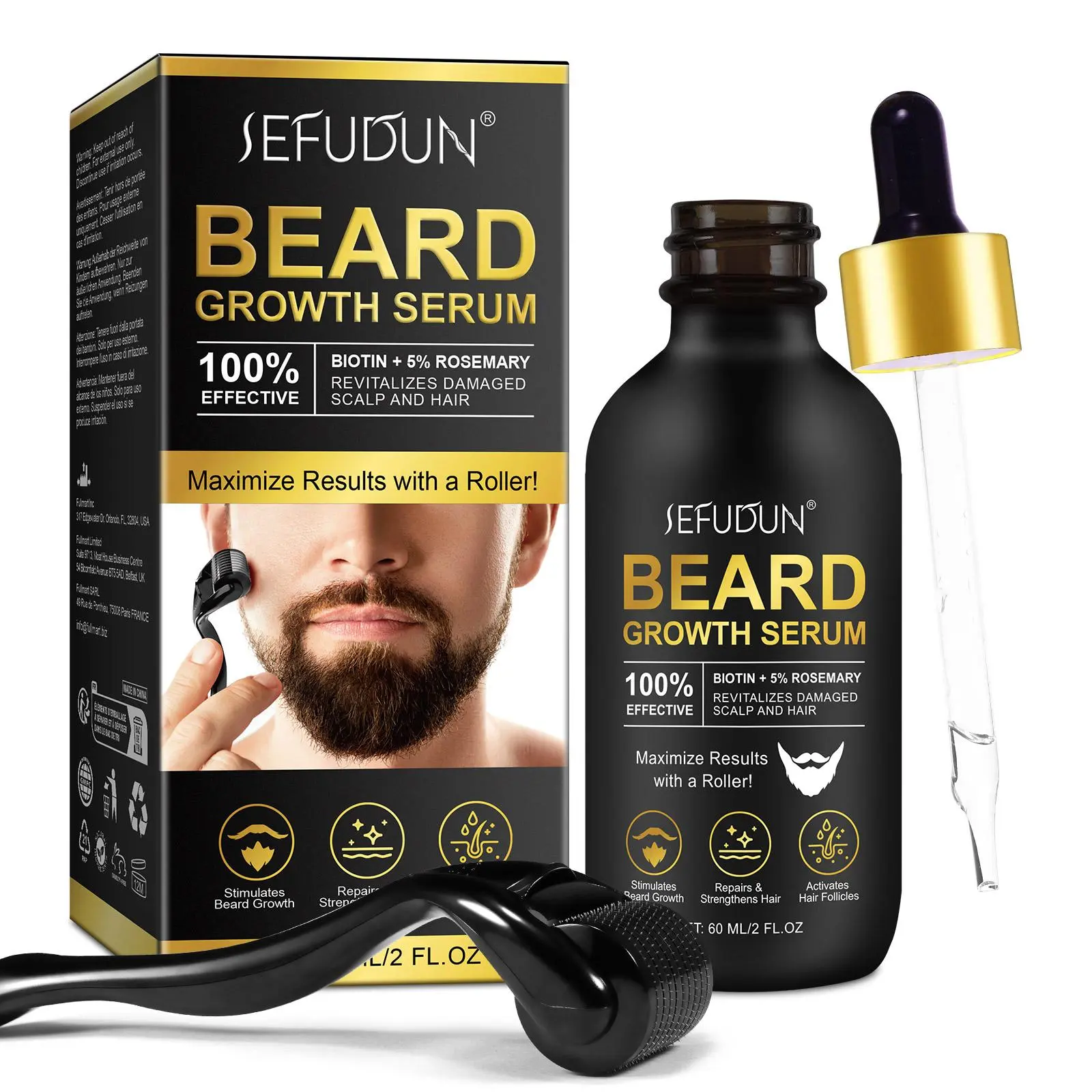 SEFUDUN Beard Serum Set 60ml, includes one bottle of beard growth serum and a massage roller; strengthens hair and beard; beard serum