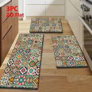2/3 Piece Flannel Kitchen Mat Set, Vintage Moroccan Tile Pattern, Bohemian Style Rugs, Non-Slip, Absorbent, Home Decor, Boho Kitchen Rug, Machine Washable Rug