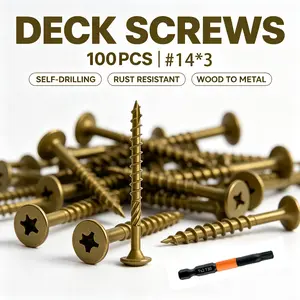 VKKM #14 x 3 Inch Construction Lag Screws, 100Pcs Heavy Duty Structural Wood Screws, T30 Star Drive Anti-Rust Coated Lag Bolts with Free T30 Bit for Deck, Fence, Framing, Outdoor Timber Projects