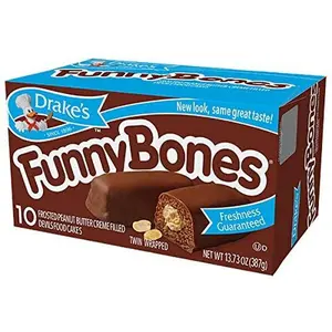 Drake's Cakes Funny Bones, Chocolate and Peanut Butter Snack Cakes, 10 cakes, Pack of 2