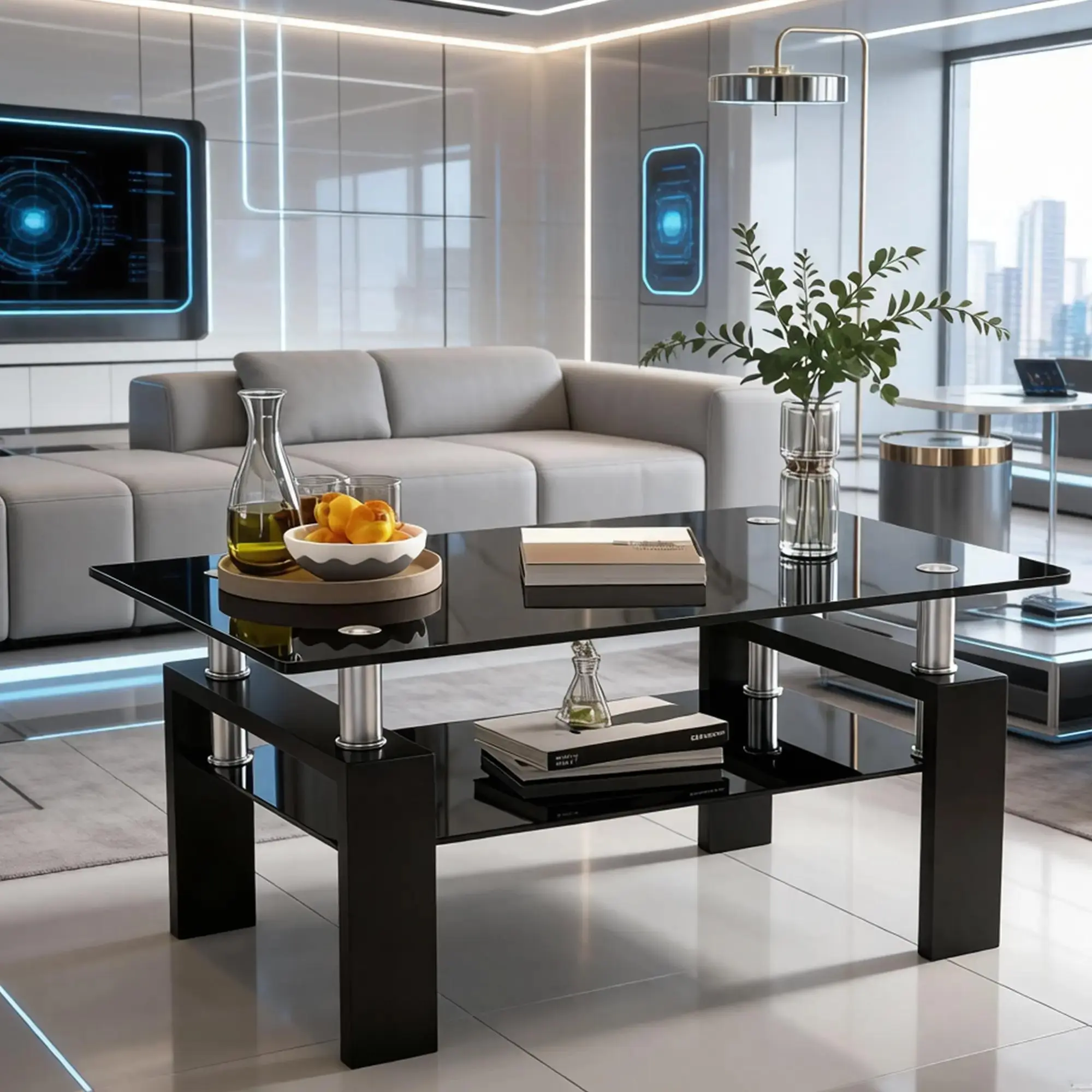 Rectangle Tempered Glass Coffee Table, Modern Living Room Table with Storage & Black Metal Legs, Center Table for Bedroom Home Office Small Space Waiting Room,All Black