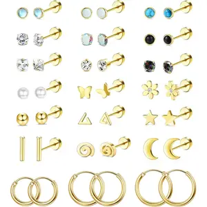 CASSIECA 21-Pair Surgical Steel 20G Hypoallergenic Screw Back Flat Back Female Hoop Earrings Stacked Set, Daily Wear for Cartilage Nap Stack Summervibes