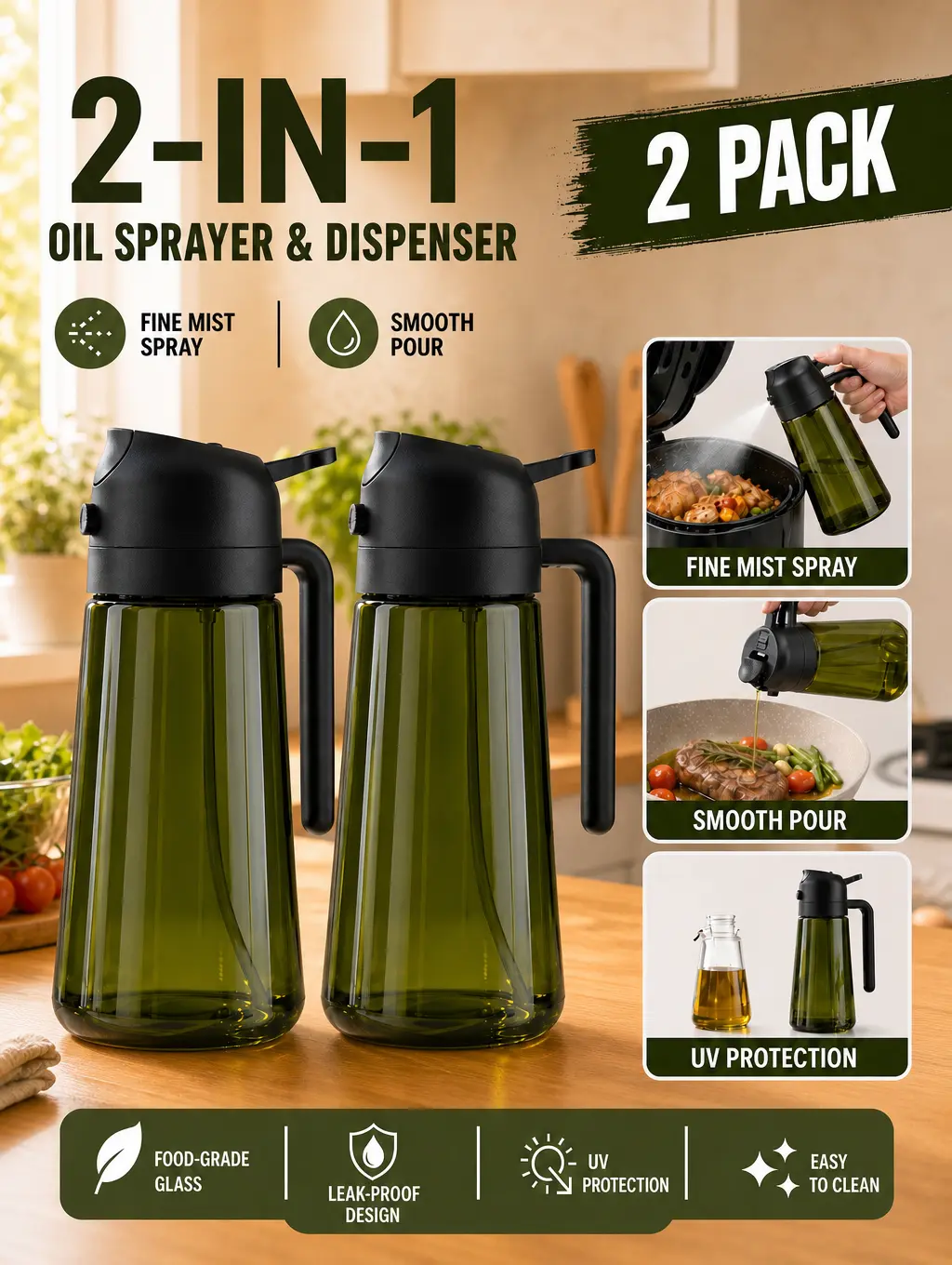 Kitchen 2-Pack Dual Mode 2-in-1 Functional Oil Dispenser & Sprayer - 16oz/470ml Dark Glass Olive Oil Bottle with Light-Blocking, Large Cap for Air Fryer, Cooking