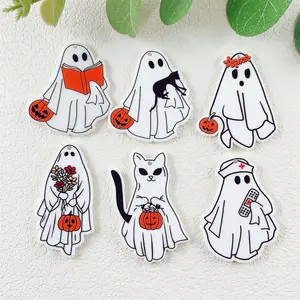 Bellacharms Halloween Acrylic Flatback Charms - Ghosts with Pumpkins & Flowers - Fun & Spooky Decorations for Halloween