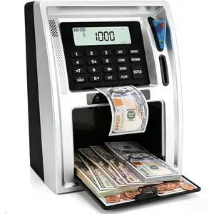 Kids ATM Money Bank with Card & Code, Auto Cash Deposit, Coin Counter, Savings Goal Display, Big Capacity Toy Bank for Money Skills, Boys & Girls Gifts– Silver Black