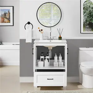 Costoffs Modern Bathroom Vanity with Rectangle Ceramic Sink, Freestanding Storage Cabinet with Drawer & Door