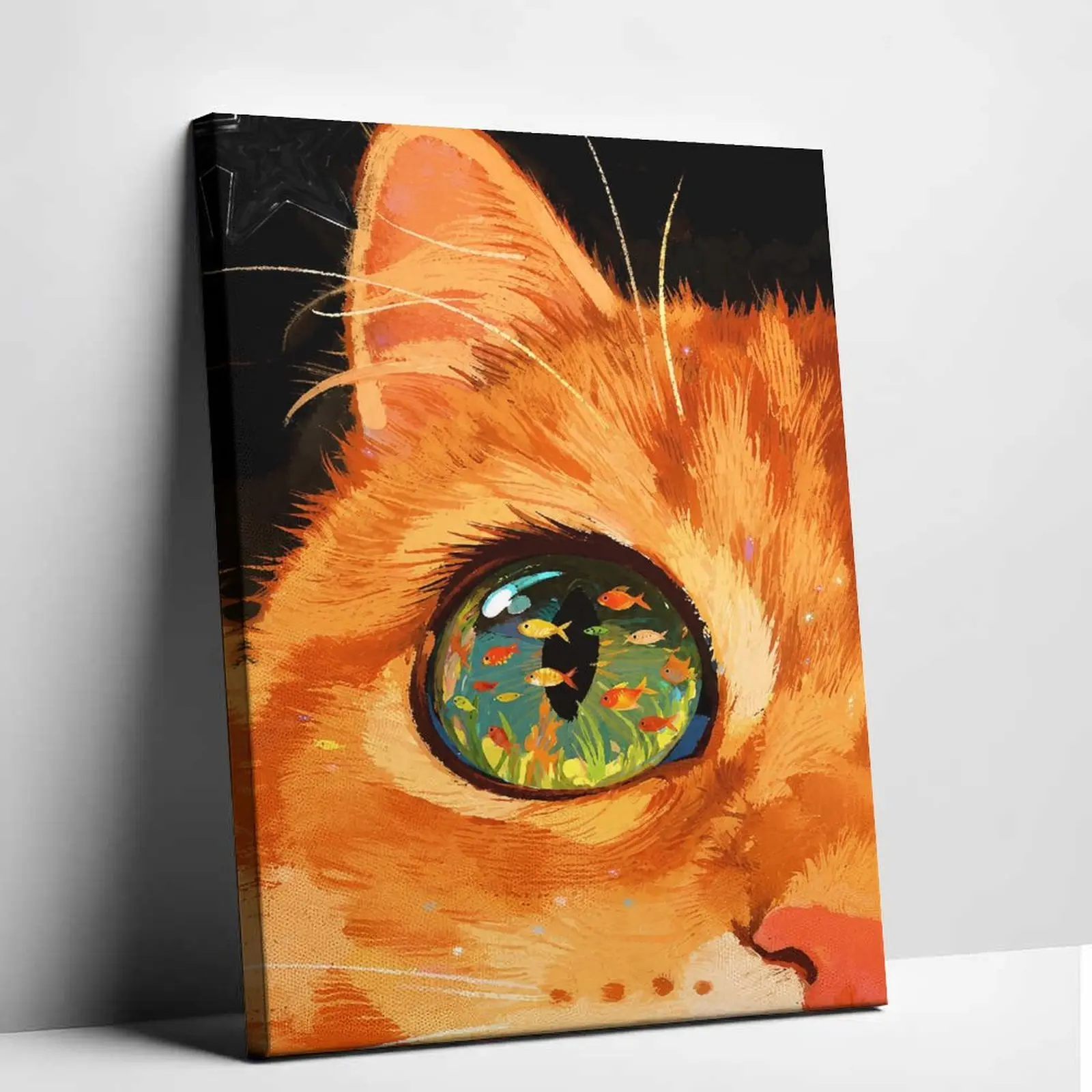 Artistic Cute Orange Cat Surreal Cat Eye Goldfish Aquarium Canvas Wall Art, Vintage Warm Oil Painting-Style Poster Print, Whimsical Pet Graphic Decor for Living Room, Bedroom, Whimsical Room Decor
