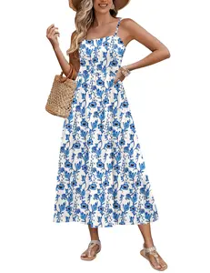 ZEAGOO Women's Summer Casual Boho Sundress Spaghetti Strap Square Neck Flowy Midi Dresses A Line Beach Dress with Pockets