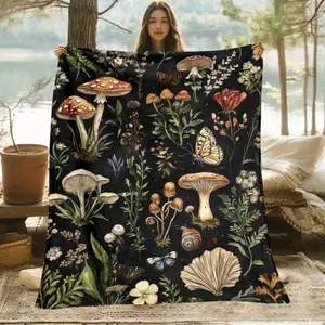 Vintage Watercolor Mushroom & Butterfly Flannel Blanket, Ultra-Soft Plush Throw with Forest Botanical Print, Cozy Warm Fleece Blanket for Couch Bed Sofa, Perfect Cottagecore Home Decor & Gift for Nature Lovers, All-Season Comfort