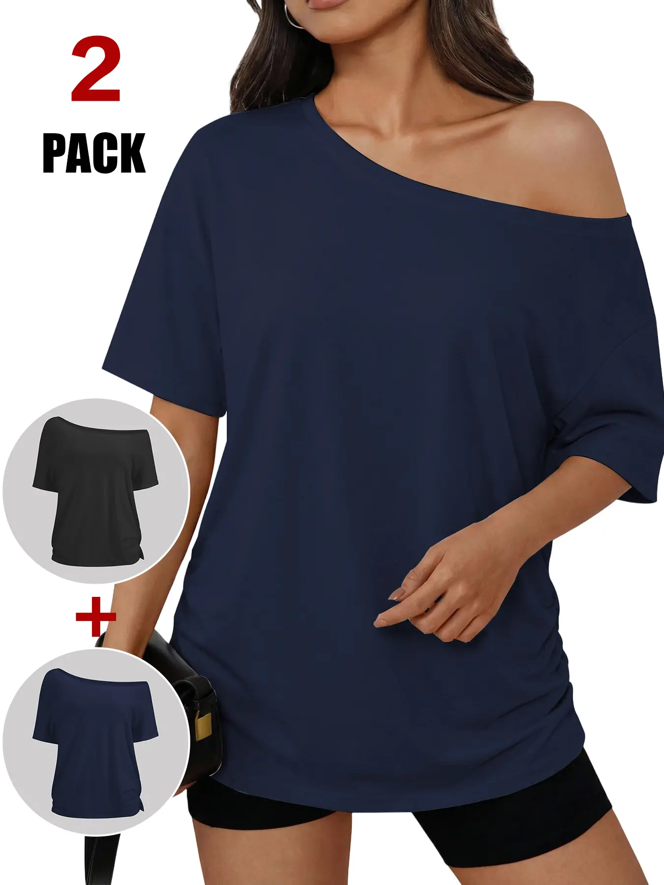 Women's 2-Pack Off-Shoulder Short-Sleeve Loose T-Shirt - Simple Streetwear Layering Top, Asymmetrical Breathable Everyday Spring/Summer Casual Loungewear, Minimalist, Tshirt, Baggy, Basic, Shortsleeve, Off Shoulder Tops, Oversized, Black + White, Fabric