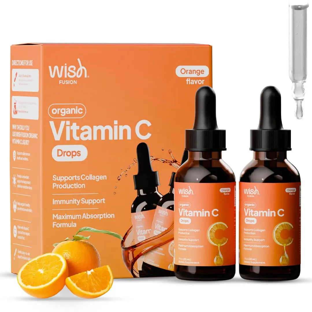 Wish Fusion Organic Liquid Vitamin C 200mg - Vitamin C Drops for Adults Immune Support & Collagen Production, High Absorption Vitamin C Liquid Supplement Orange Flavor for Women & Men, 30mL 2-Pack