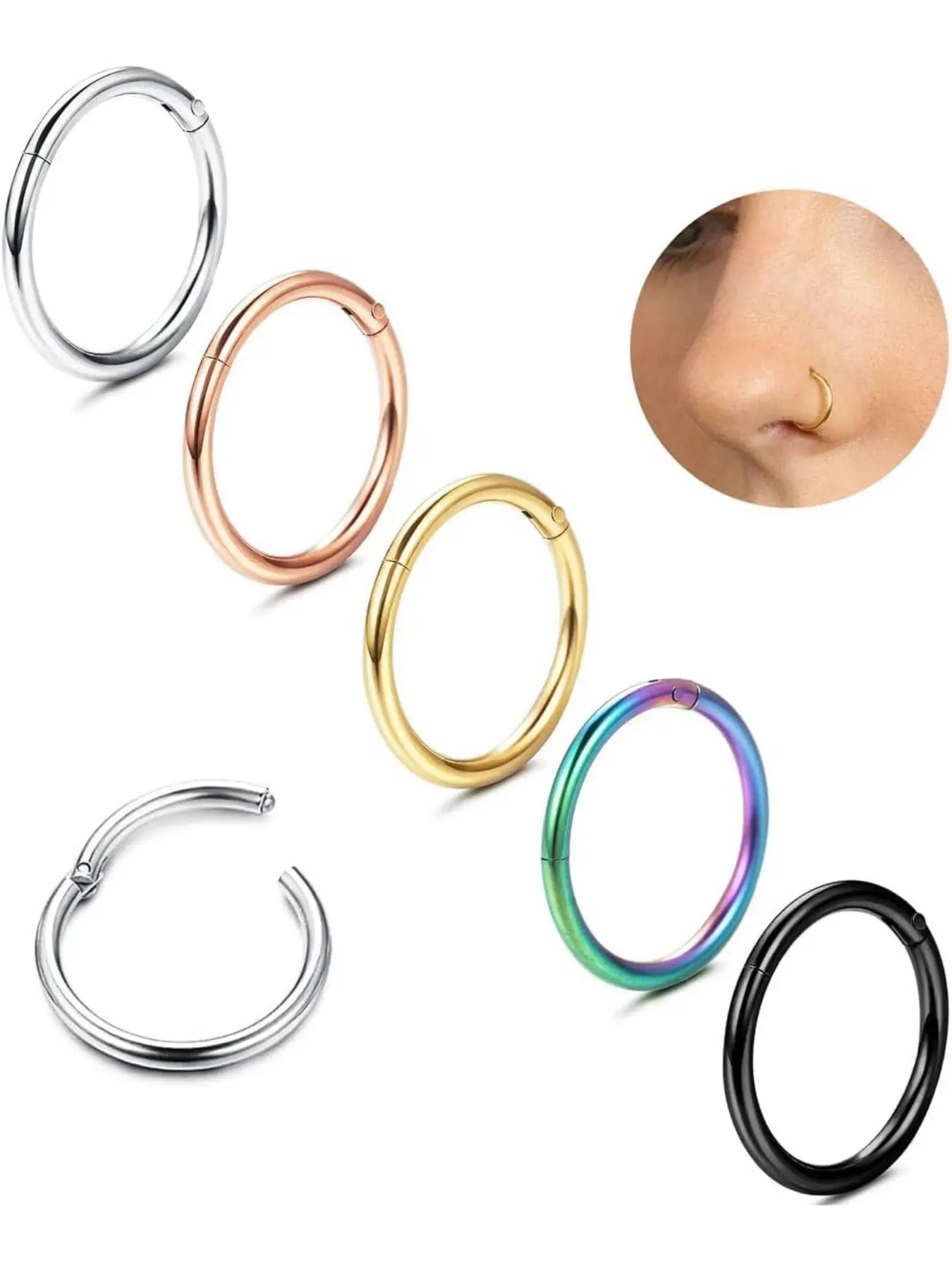 Pack of 5 18G 20G Titanium Nose Rings 8 mm 10 mm 12 mm Septum Clicker Hoop Rings Multi-coloured Articulated Ear Daith Tragus Cartilage Lip Piercing Rings for Women Men