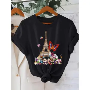 Paris Themed Women's Casual T-Shirt With Eiffel Tower And Butterfly Design Short Sleeve Crew Neck Everyday Fashion Top