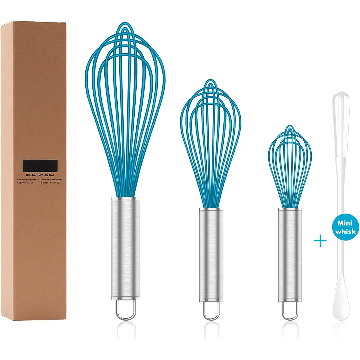 Whisk,Heat Resistant 480?F Whisks For Cooking Non Scratch,Stainless Steel wired wisk,Plastic Rubber Whisk Tool For Nonstick Cookware Pans,Silicon Wisks Set of 4,Blue