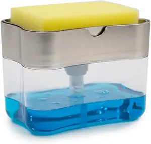 Kitchen sink dishwasher soap dispenser and sponge holder, including sponge, 13 ounces (approximately 368.5 grams), metallic silver