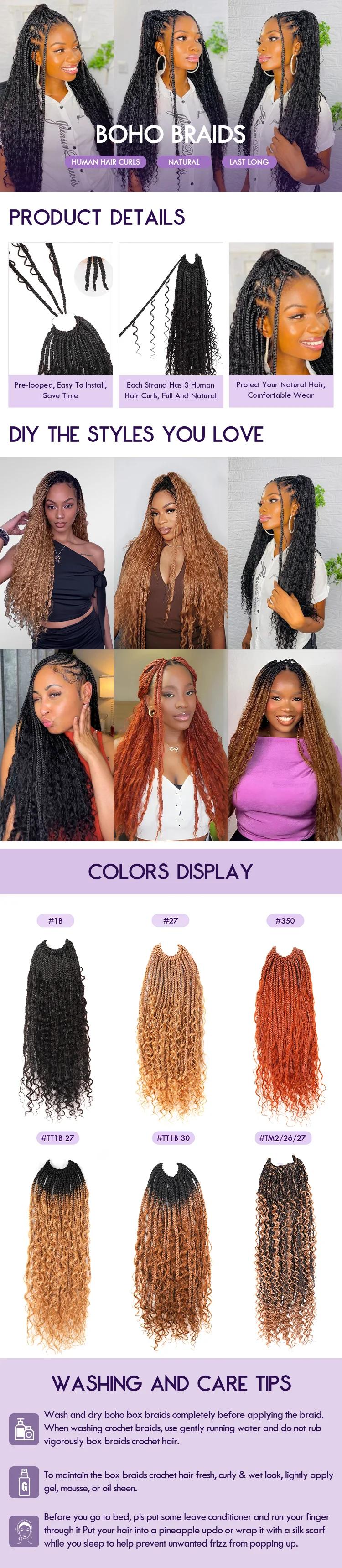 Noble Pre-looped Ombre Crochet Boho Box Braids With Human Hair Curls Curly Ends No Tangle Full and Thick
