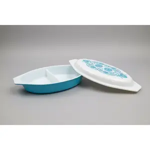 Vintage Pyrex Horizon Blue 1.5 Quart Divided Casserole Dish with Lid #465, 1970s Retro Kitchenware