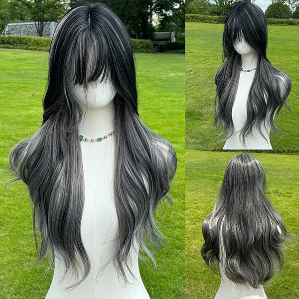 Smilco 26 Inch Long Curly Wig with Bangs, Silver-Gray Highlighted Synthetic Hair for Women, Natural Look, Daily Curly Wig, Curled Synthetic Wig