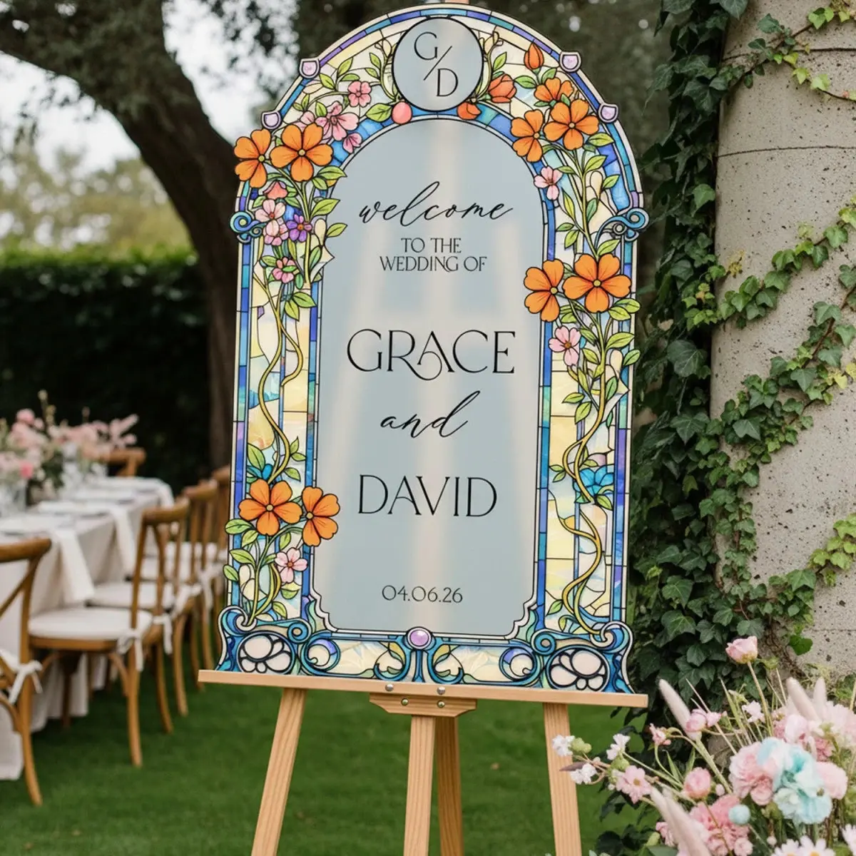 Cosmos Monogram Wedding Welcome Sign — Stained Glass