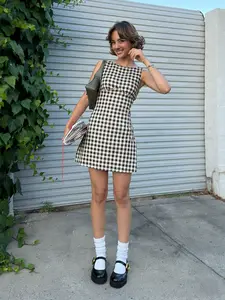 French Holiday Style Colorblock Bodycon Dress, Women's Plaid Print Sleeveless Waist Cinched A-Line Short Skirt, Summer Casual Wear, Casual Bohemian Dress, Casual Elegant Dresses
