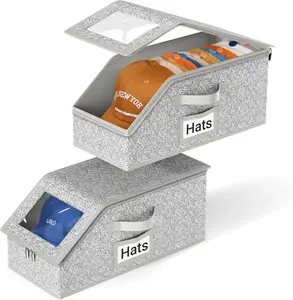 Hat Organizer for Baseball Caps – 2 Pack Stackable Hat Storage Box, Holds up to 24 Caps, Closet Cap Storage Case for Snapback Hats, Grey