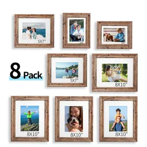 HOUSE DAY Picture Frames 8 Multi-Size ,Walnut Pre-Installed Wall Mount Vertically or Horizontally Photo Frames