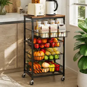Littleox Space-Saving 4-Tier Rolling Kitchen Cart! Wooden Top & Pull-Out Baskets For Fruit Veggie Snack Storage